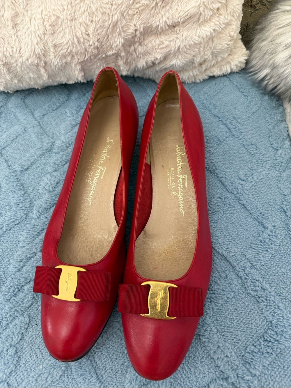 Salvatore Ferragamo Red Leather Bow Flats with Gold Tone Plate